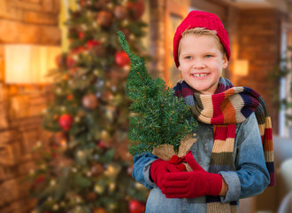 Young Boy Wearing Mittens and Scarf In Christmas Decorated Room Holding Small Tree.