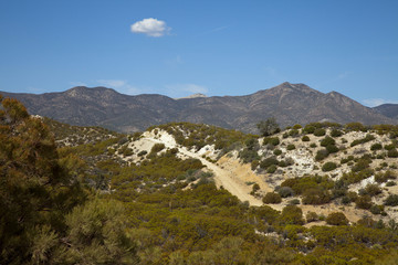 Fototapeta na wymiar Dirt road with background view of desert mountains 