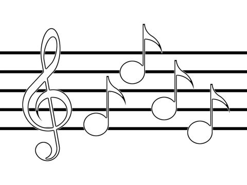 Treble clef, notes and staff on the white background