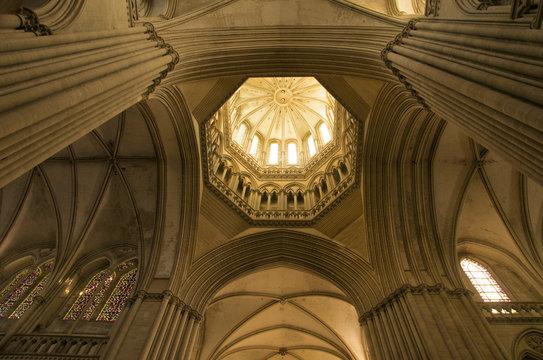 Detail of octagonal lantern tower, Notre Dame cathedral dating from the 14th century, Coutances, Cotentin, Normandy, France