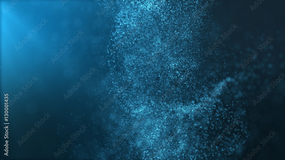 Poster Digital particles floating wave form in the abyss abstract cyber technology de-focus background