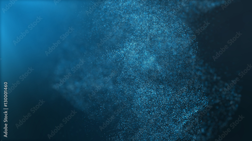 Poster Digital particles floating wave form in the abyss abstract cyber technology de-focus background