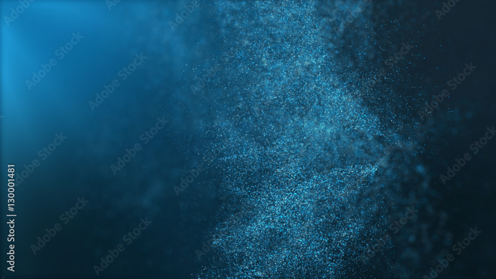 Poster Digital particles floating wave form in the abyss abstract cyber technology de-focus background