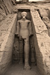 Statue of Rameses II outside the Hathor Temple of Queen Nefertari.  UNESCO World Heritage Site known as the Nubian Monuments.  Abu Simbel West Bank of Lake Nasser southern Egypt. Africa