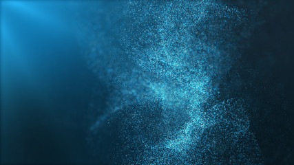 Digital particles floating wave form in the abyss abstract cyber technology de-focus background