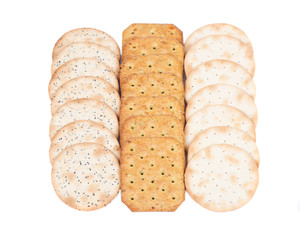 Assortment of crackers, wheat, vegetable, pepper and poppy isolated on white background
