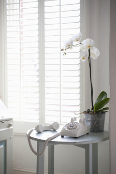 Rotary Phone Off The Hook On A Side Table By Shutter Window