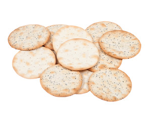 Wheat, pepper and poppy crackers isolated on white background