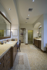 View of a bathroom with mosaic tiled floor