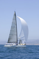 Fototapeta premium Sailboat racing in the blue and calm ocean against sky