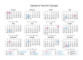 Fototapeta na wymiar Calendar of year 2017 with public holidays and bank holidays for Canada