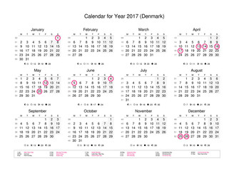 Calendar of year 2017 with public holidays and bank holidays for Denmark