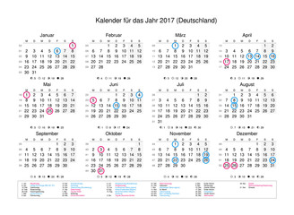 Fototapeta na wymiar Calendar of year 2017 with public holidays and bank holidays for Deutschland