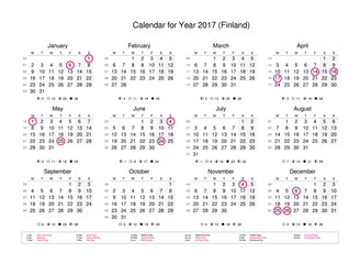 Calendar of year 2017 with public holidays and bank holidays for Finland