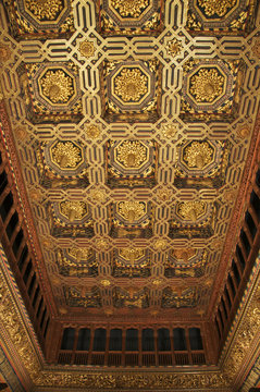 The Throne room, caisson ceiling, typical decor, the Aljaferia Palace, dating from the 11th century, Saragossa (Zaragoza), Aragon, Spain