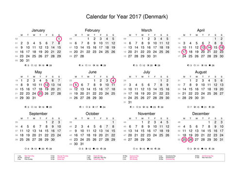 Calendar of year 2017 with public holidays and bank holidays for Denmark