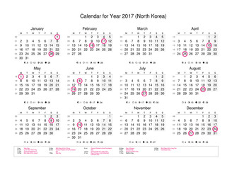 Calendar of year 2017 with public holidays and bank holidays for North Korea