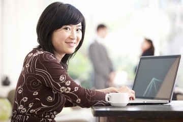 Portrait of a young Asian businesswoman using laptop at home
