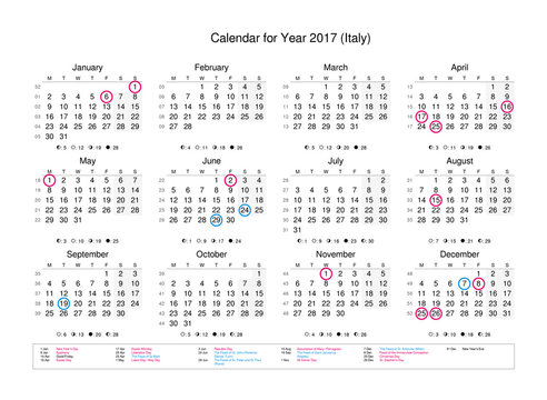 Calendar of year 2017 with public holidays and bank holidays for Italy
