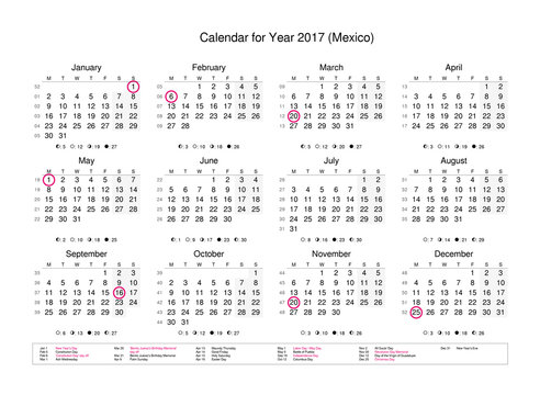 Calendar of year 2017 with public holidays and bank holidays for Mexico