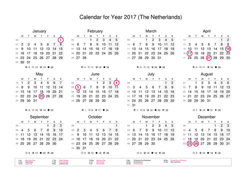 Calendar of year 2017 with public holidays and bank holidays for The Netherlands
