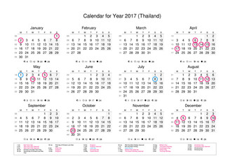 Fototapeta na wymiar Calendar of year 2017 with public holidays and bank holidays for Thailand