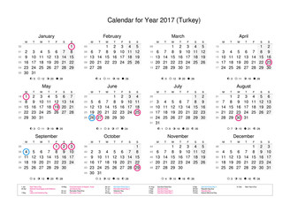 Calendar of year 2017 with public holidays and bank holidays for Turkey