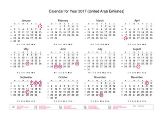 Calendar of year 2017 with public holidays and bank holidays for United Arab Emirates