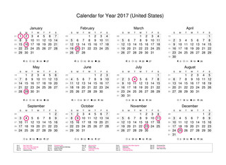 Fototapeta na wymiar Calendar of year 2017 with public holidays and bank holidays for US (United States)