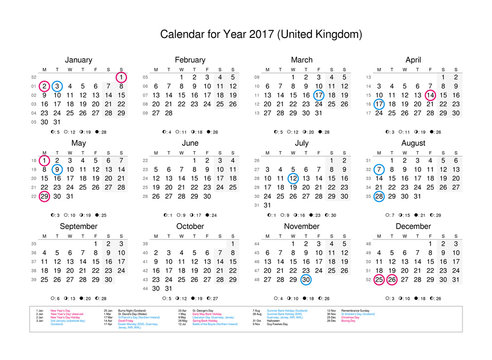 Calendar of year 2017 with public holidays and bank holidays for UK (England)