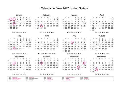 Calendar of year 2017 with public holidays and bank holidays for US (United States)