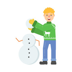 Christmas character young man in red pullower with deer sculpts snowman in flat cartoon style.