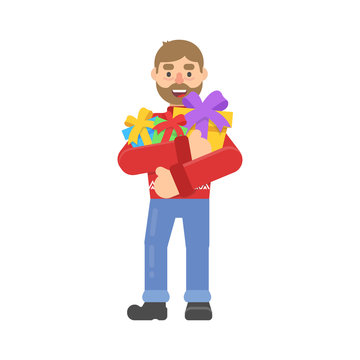 Christmas character hipster man in red pullower with deer holds lot gifts in flat cartoon style.