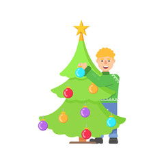 Christmas character young man in red pullower with deer decoration christmas tree in flat cartoon style.