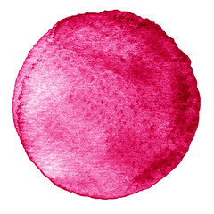 Pink watercolor circle. Stain with paper texture. Design element isolated on white background. Hand drawn abstract template