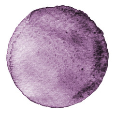 Purple watercolor circle. Stain with paper texture. Design element isolated on white background. Hand drawn abstract template