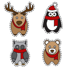 set of cute animals: deer, penguin, owl, bear. vector design pat