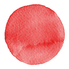 Red watercolor circle. Stain with paper texture. Design element isolated on white background. Hand drawn abstract template