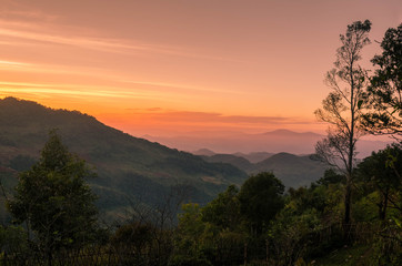 Colorful twilight sunset in the mountain.