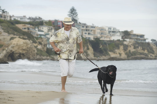 Senior Man With Dog Running By Water's Edge At Beach