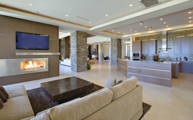 Modern living room with open kitchen