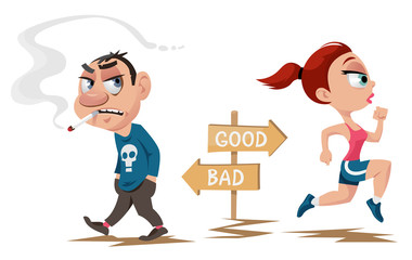 Running woman and smoking man.