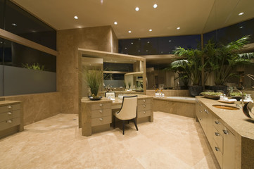 View of dressing table in spacious and modern bathroom