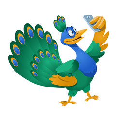 Funny sparrow making selfie. Cartoon styled vector illustration.