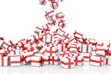 Falling Christmas gift boxes on white background