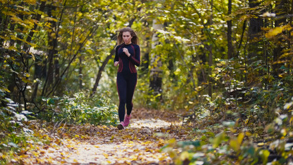 Young active female athlete exercising outdoor autumn park. Healthy women