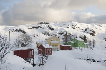 Hill village of Sund on  Flakstadoya Loftofen Norway