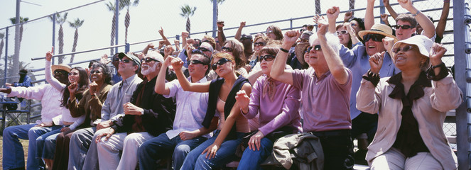 Panoramic shot of crowd cheering in stadium