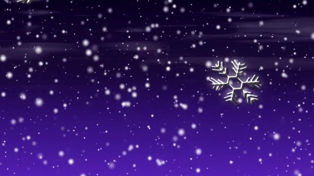 Seamless loop features falling snowflakes, some large and ornamental, against a violet purple gradient background.