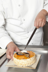 Midsection closeup of male chef slicing cake at counter in commercial kitchen